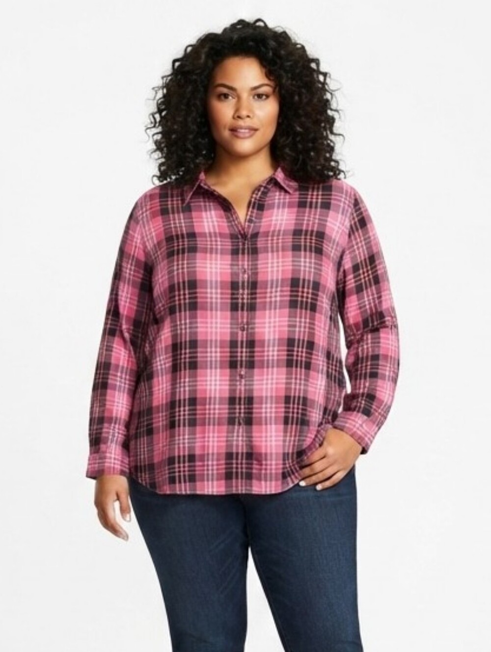 NWT Lane Bryant Pink & Black Plaid Button-Down Top